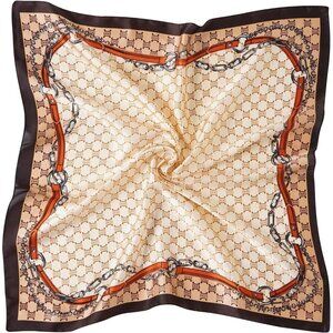 Women Beige Chain Headscarf Satin Bandana Pattern Polyester Breathable Scarves